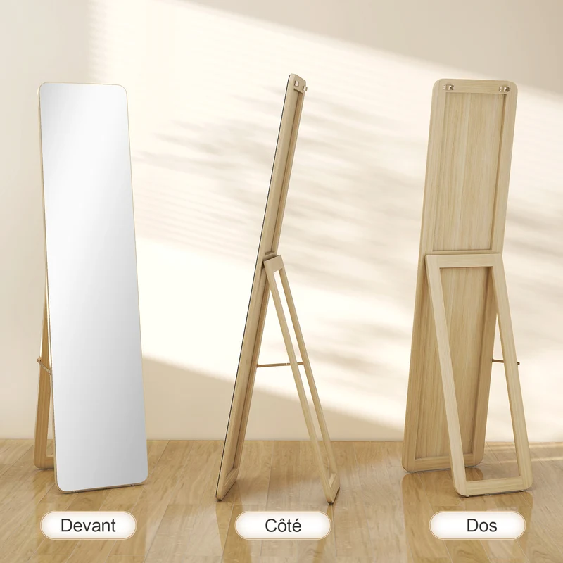Miroir sur pied et mural rectangulaire 37 x 43 x 156 cm bords arrondis anti-éclat moderne épuré en MDF bois naturel 21_0001475