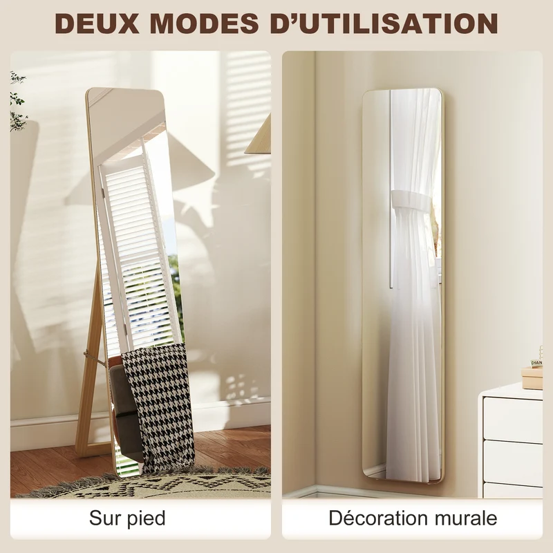 Miroir sur pied et mural rectangulaire 37 x 43 x 156 cm bords arrondis anti-éclat moderne épuré en MDF bois naturel 21_0001475