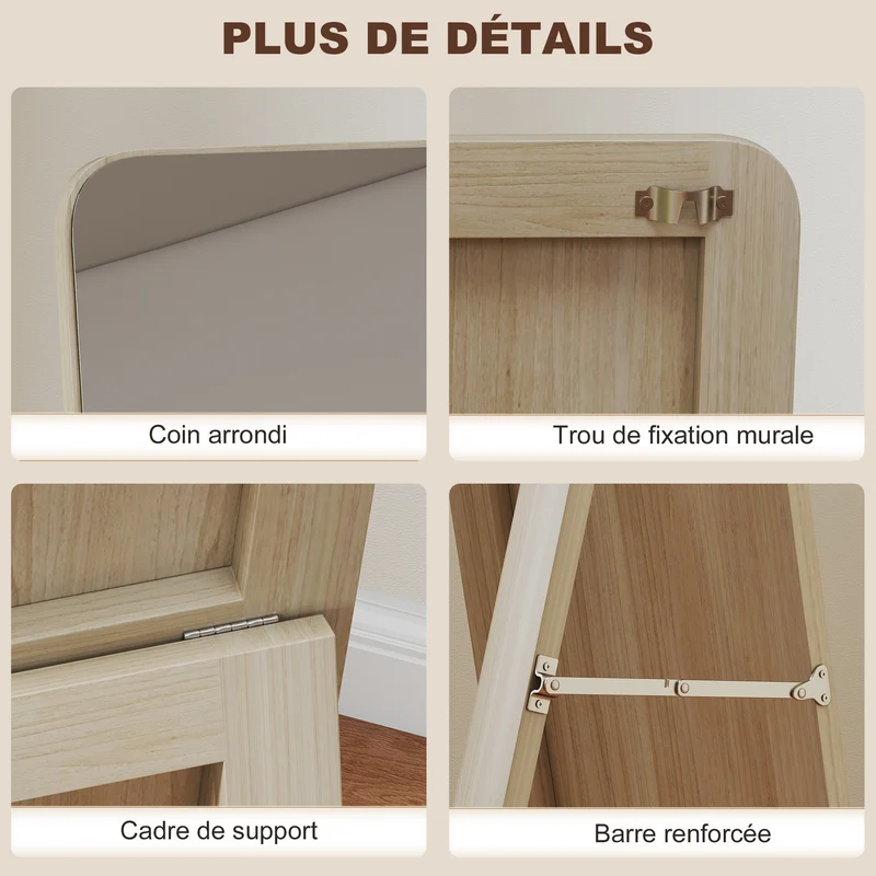 Miroir sur pied et mural rectangulaire 37 x 43 x 156 cm bords arrondis anti-éclat moderne épuré en MDF bois naturel 21_0001475