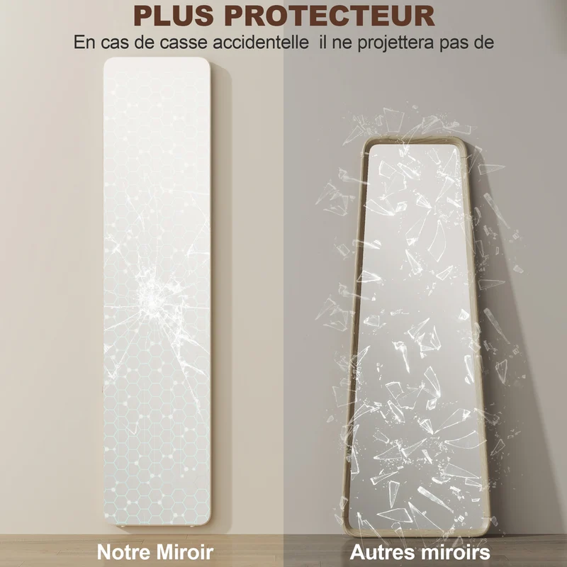 Miroir sur pied et mural rectangulaire 37 x 43 x 156 cm bords arrondis anti-éclat moderne épuré en MDF bois naturel 21_0001475
