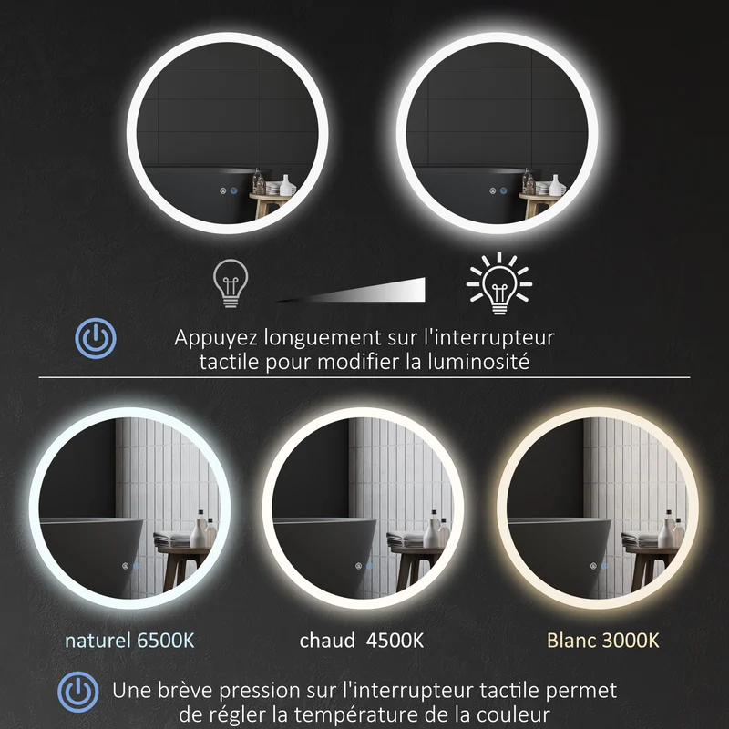 Miroir rond salle de bain chambre 70 x 3 cm éclairage réglable haute luminosité antibuée moderne épuré en verre argenté 21_0001972