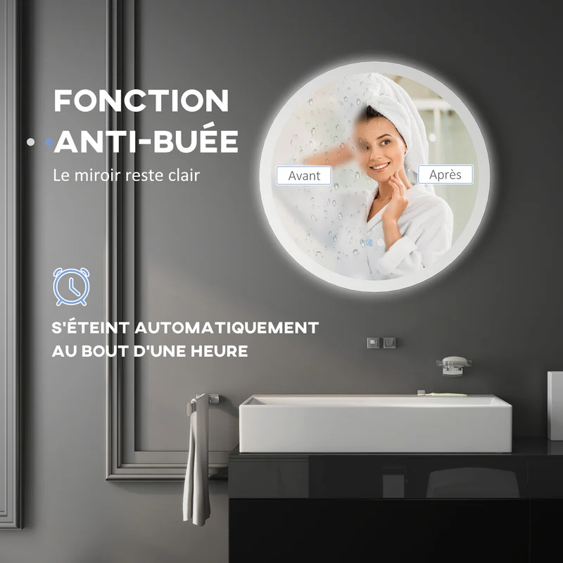 Miroir rond salle de bain chambre 70 x 3 cm éclairage réglable haute luminosité antibuée moderne épuré en verre argenté 21_0001972