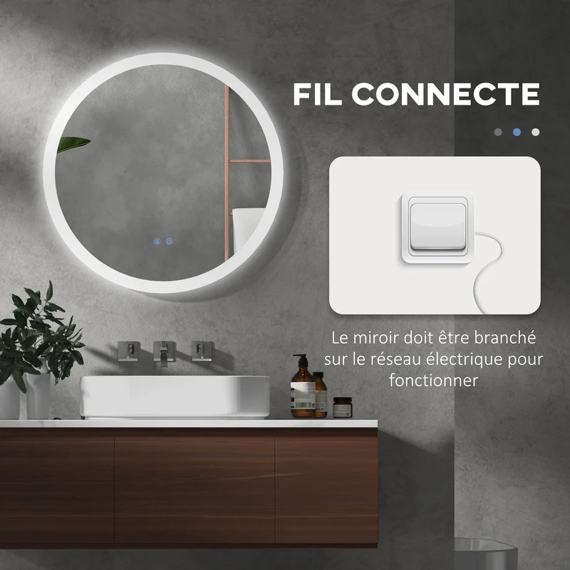 Miroir rond salle de bain chambre 70 x 3 cm éclairage réglable haute luminosité antibuée moderne épuré en verre argenté 21_0001972