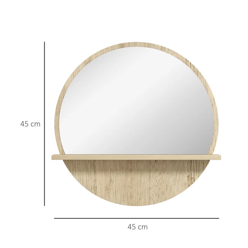 Miroir rond mural salle de bain avec étagère 45 x 45 x 10 cm rangement mural épuré en panneau de particules bois naturel 21_0001978