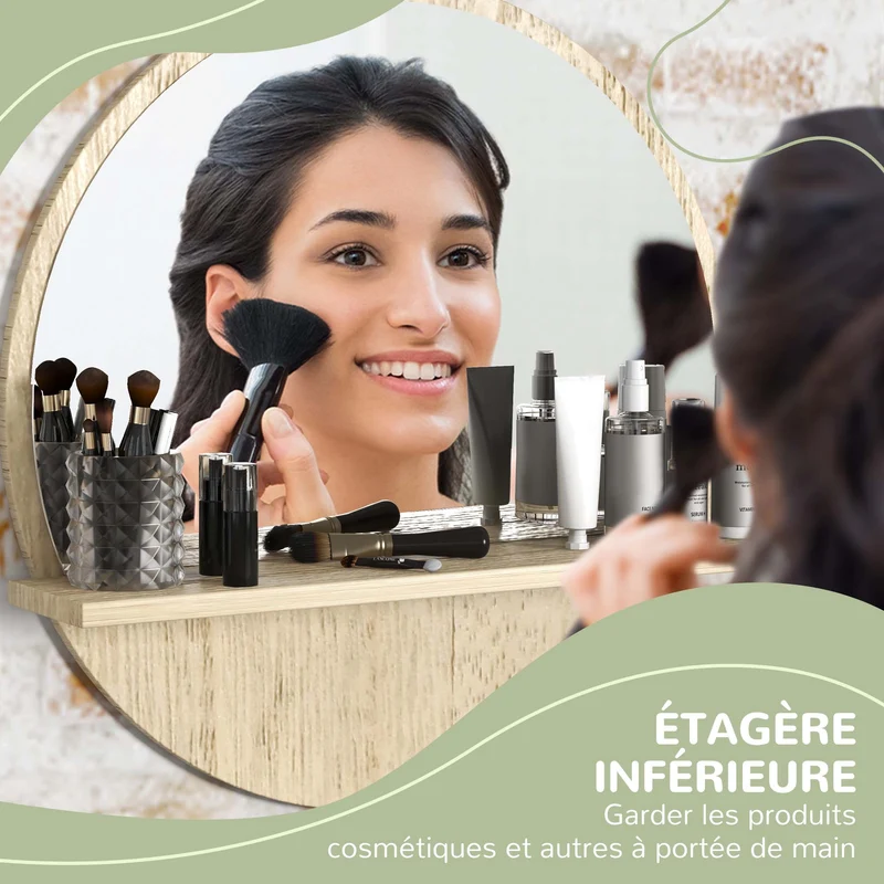 Miroir rond mural salle de bain avec étagère 45 x 45 x 10 cm rangement mural épuré en panneau de particules bois naturel 21_0001978