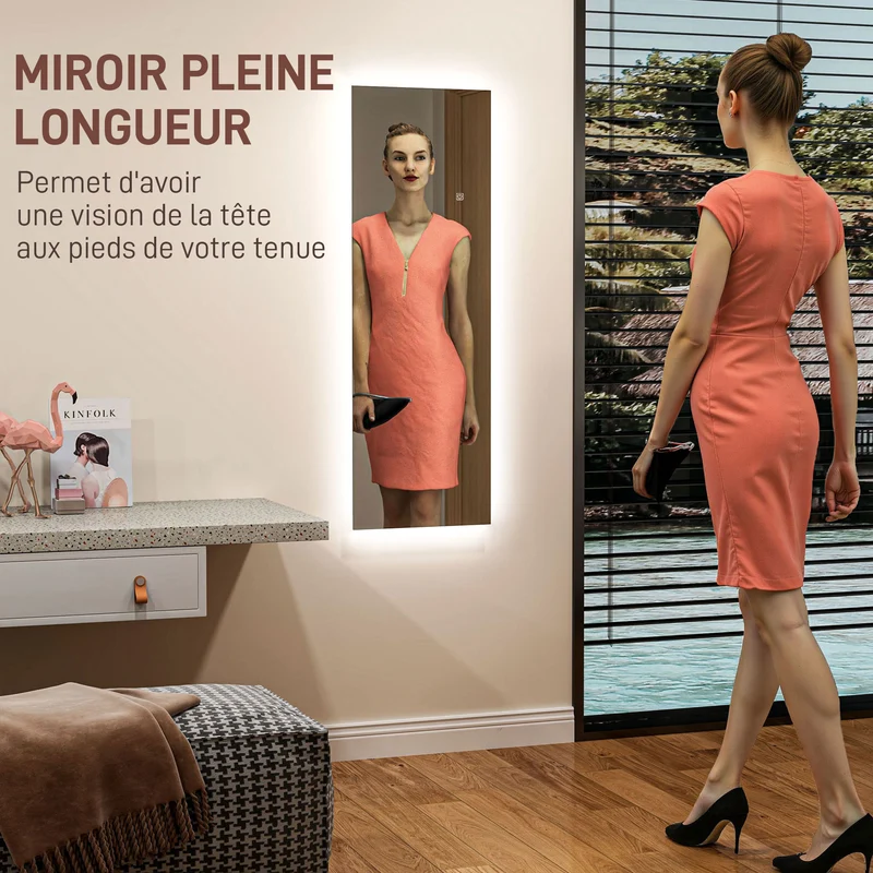 Miroir mural pleine longueur 120 x 40 x 3 cm led réglable fonction mémoire moderne épuré en verre trempé transparent 21_0001638
