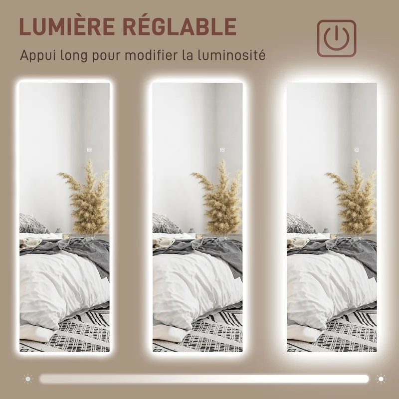 Miroir mural pleine longueur 120 x 40 x 3 cm led réglable fonction mémoire moderne épuré en verre trempé transparent 21_0001638
