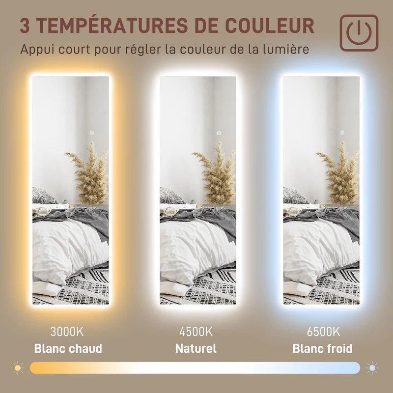 Miroir mural pleine longueur 120 x 40 x 3 cm led réglable fonction mémoire moderne épuré en verre trempé transparent 21_0001638