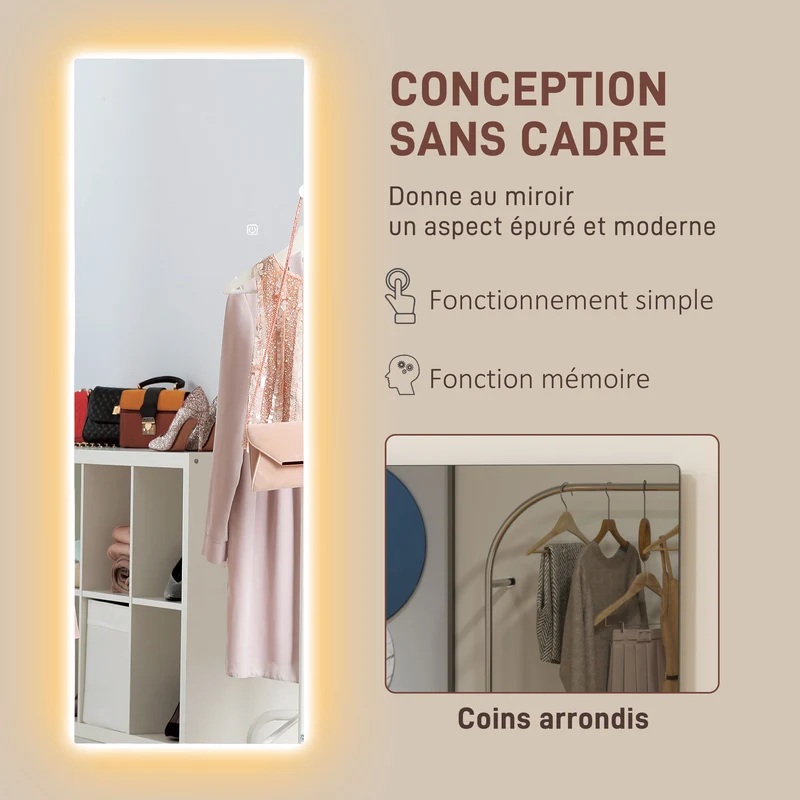 Miroir mural pleine longueur 120 x 40 x 3 cm led réglable fonction mémoire moderne épuré en verre trempé transparent 21_0001638