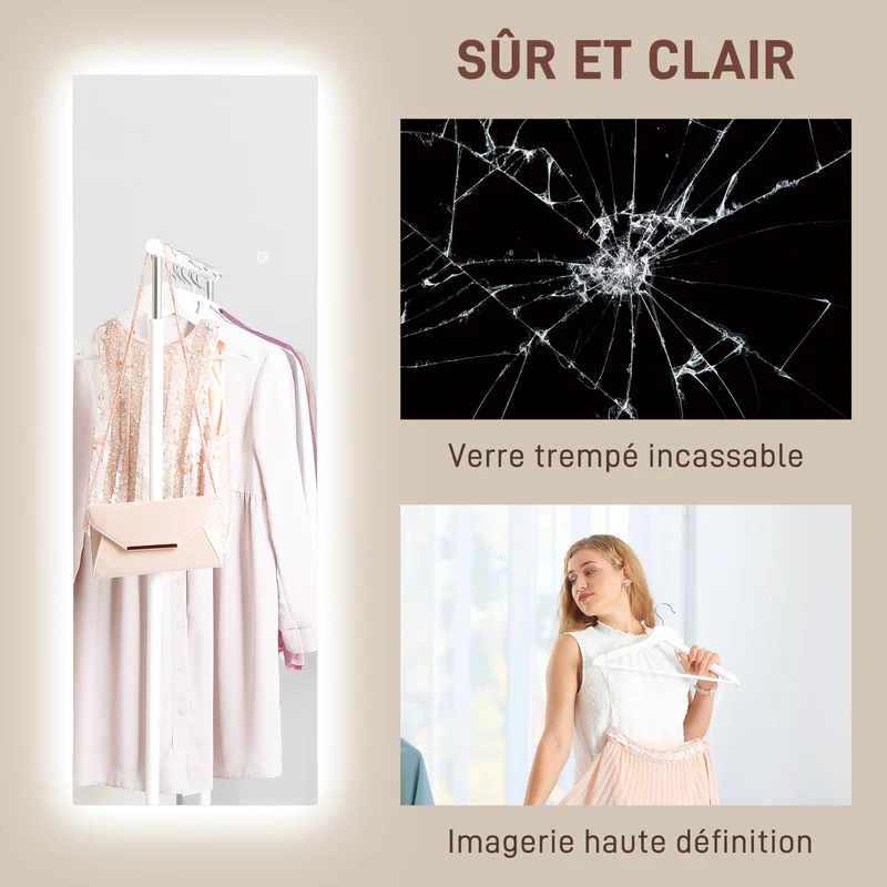 Miroir mural pleine longueur 120 x 40 x 3 cm led réglable fonction mémoire moderne épuré en verre trempé transparent 21_0001638