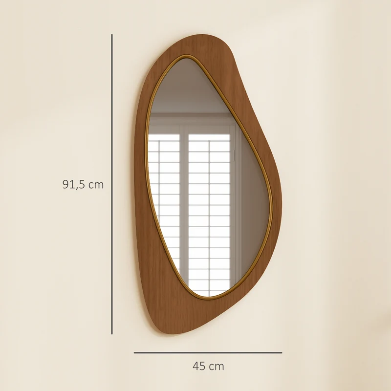 Miroir mural asymétrique 91.5 x 45 x 3 cm lumineux cadre fin avec fixation murale scandinave moderne en bois naturel 21_0003713