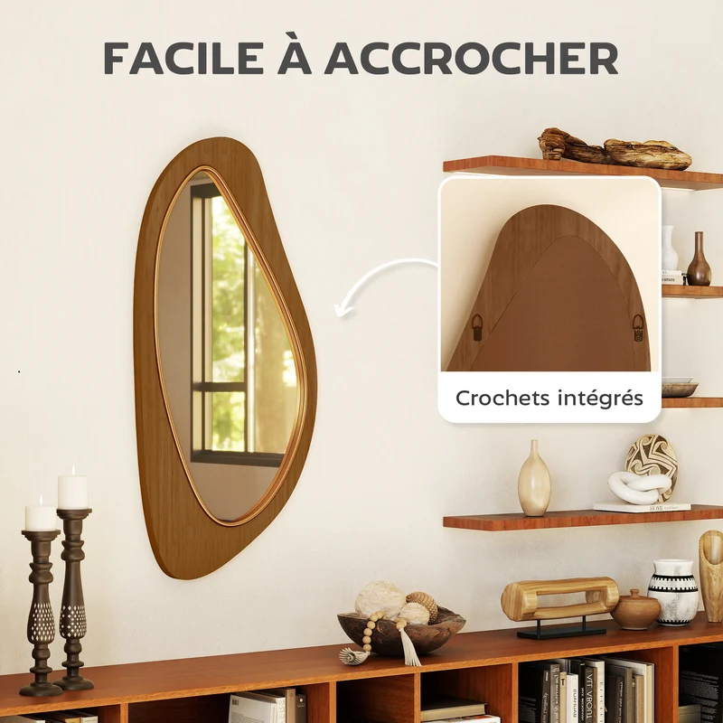 Miroir mural asymétrique 91.5 x 45 x 3 cm lumineux cadre fin avec fixation murale scandinave moderne en bois naturel 21_0003713