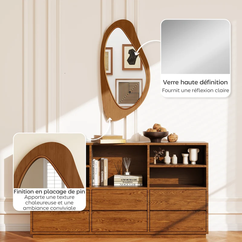 Miroir mural asymétrique 91.5 x 45 x 3 cm lumineux cadre fin avec fixation murale scandinave moderne en bois naturel 21_0003713
