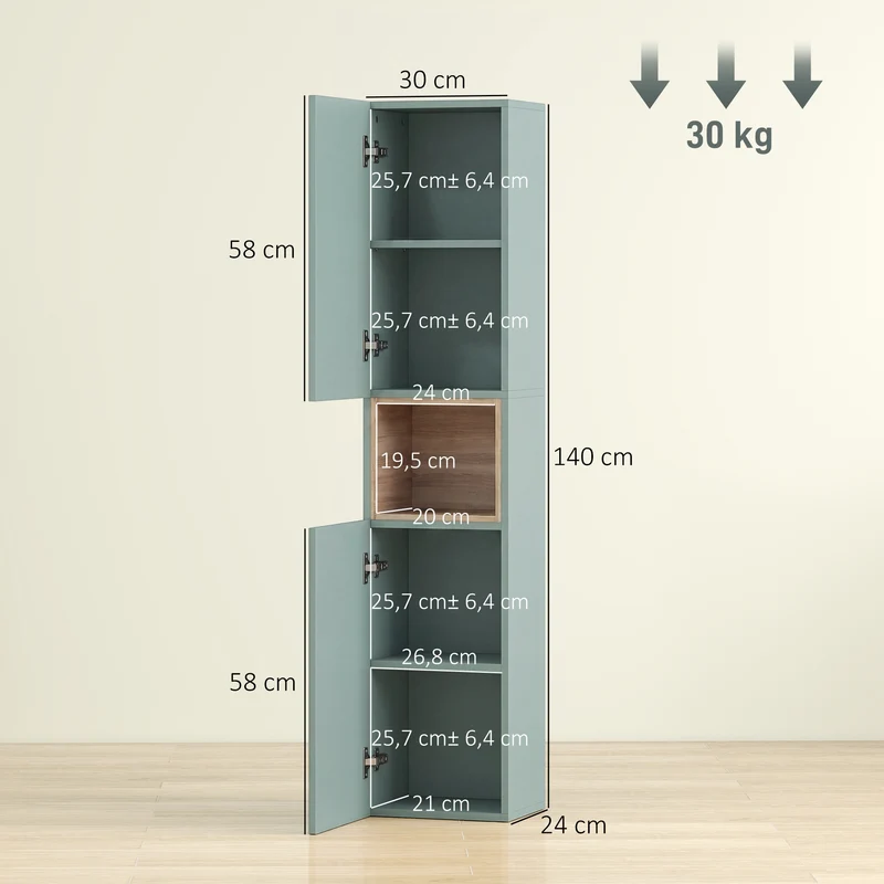 Meuble colonne salle de bains 30 x 24 x 140 cm rangement optimisé étagères réglables moderne scandinave en MDF vert 21_0002134