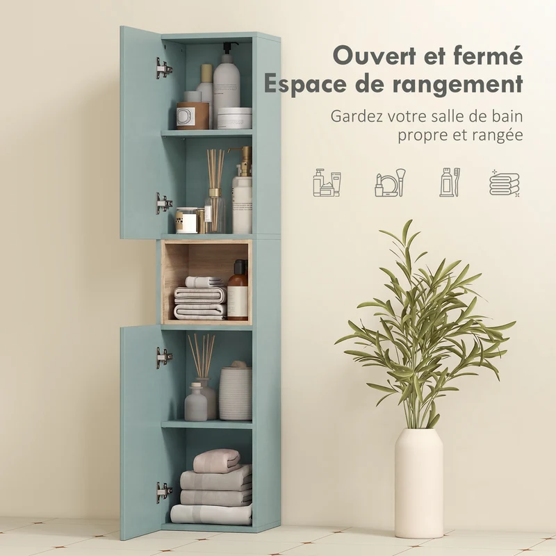 Meuble colonne salle de bains 30 x 24 x 140 cm rangement optimisé étagères réglables moderne scandinave en MDF vert 21_0002134