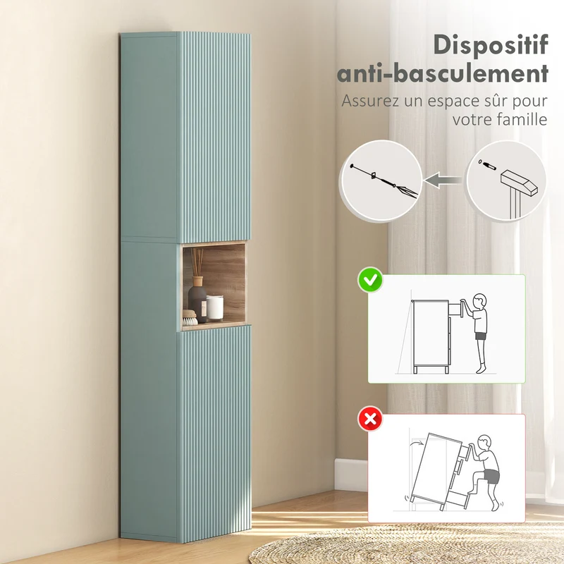 Meuble colonne salle de bains 30 x 24 x 140 cm rangement optimisé étagères réglables moderne scandinave en MDF vert 21_0002134