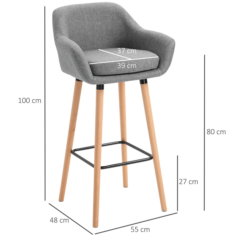 Lot de 2 tabourets de bar 55 x 48 x 100 cm assise rembourrée repose-pieds style scandinave moderne en lin gris foncé 21_0002179
