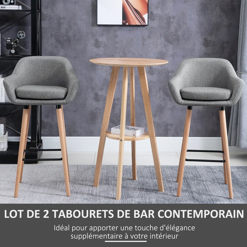Lot de 2 tabourets de bar 55 x 48 x 100 cm assise rembourrée repose-pieds style scandinave moderne en lin gris foncé 21_0002179