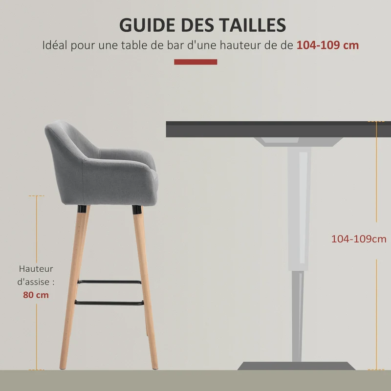 Lot de 2 tabourets de bar 55 x 48 x 100 cm assise rembourrée repose-pieds style scandinave moderne en lin gris foncé 21_0002179