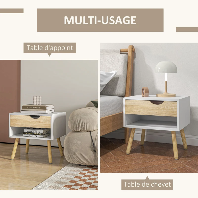 Lot de 2 tables de nuit 50 x 39 x 51 cm 2 tiroirs 2 niches rangement scandinave cosy en panneau de particules blanc 21_0001675