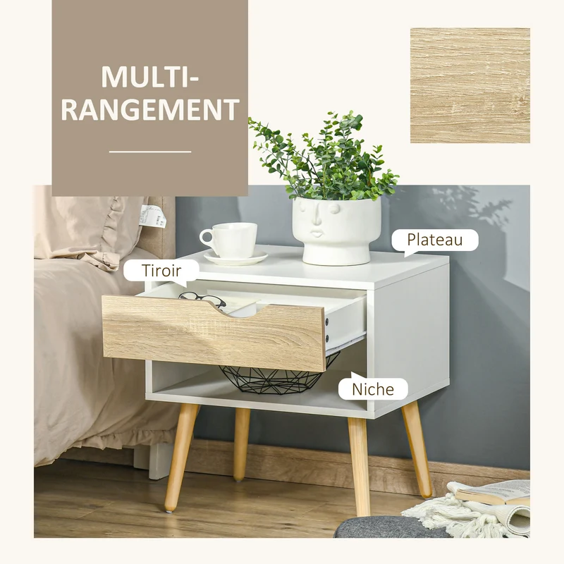 Lot de 2 tables de nuit 50 x 39 x 51 cm 2 tiroirs 2 niches rangement scandinave cosy en panneau de particules blanc 21_0001675