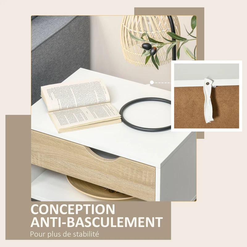 Lot de 2 tables de nuit 50 x 39 x 51 cm 2 tiroirs 2 niches rangement scandinave cosy en panneau de particules blanc 21_0001675