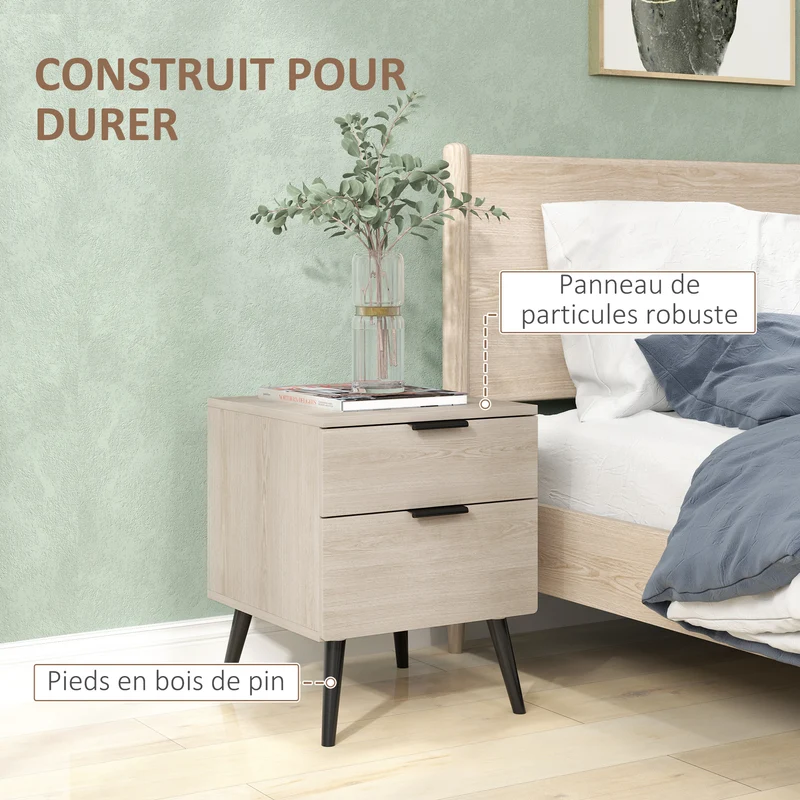 Lot de 2 tables de chevet à tiroirs 40 x 40 x 50 cm rangement optimisé stabilité scandinave contemporain en bois chêne 21_0001616