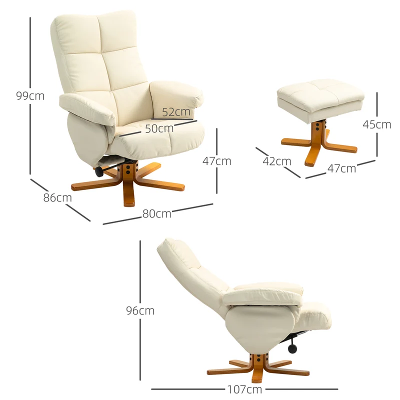 Lot de 2 fauteuil de relaxation avec repose-pied 80 x 86 x 99 cm inclinable 145° pivotant 360° moderne cosy en PU crème 21_0001712