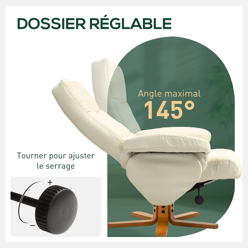 Lot de 2 fauteuil de relaxation avec repose-pied 80 x 86 x 99 cm inclinable 145° pivotant 360° moderne cosy en PU crème 21_0001712