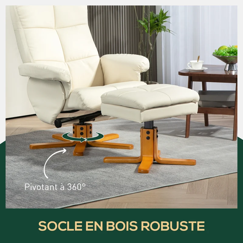 Lot de 2 fauteuil de relaxation avec repose-pied 80 x 86 x 99 cm inclinable 145° pivotant 360° moderne cosy en PU crème 21_0001712