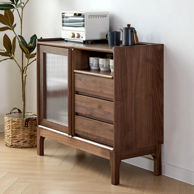 Traditional Vintage Rectangular Walnut Wood Paulownia Wood Glass Hardware Large Capacity Storage Cabinet 3-Drawer For Living Room