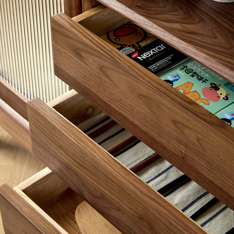 Traditional Vintage Rectangular Walnut Wood Paulownia Wood Glass Hardware Large Capacity Storage Cabinet 3-Drawer For Living Room