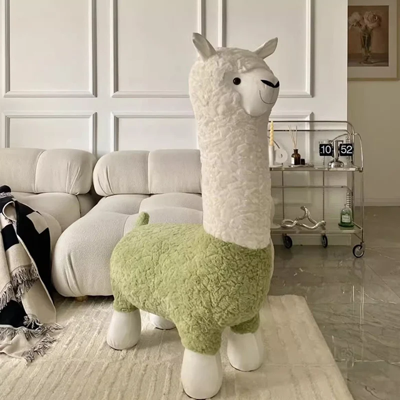 Contemporary Creative Cartoon Alpaca Sherpa Fabric Pine Wood Kids Low Stool Backless Armless For Living Room