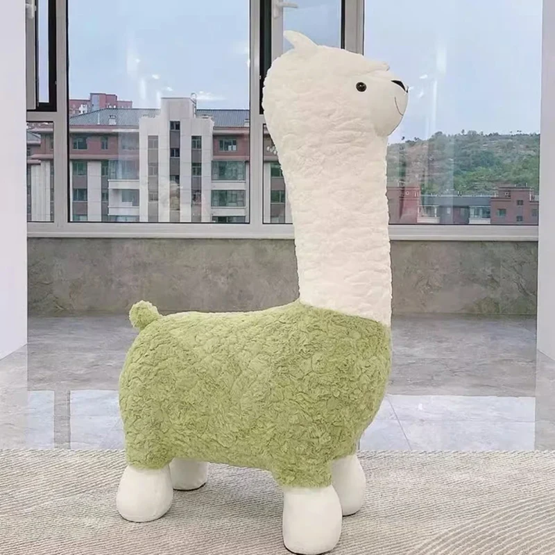 Contemporary Creative Cartoon Alpaca Sherpa Fabric Pine Wood Kids Low Stool Backless Armless For Living Room
