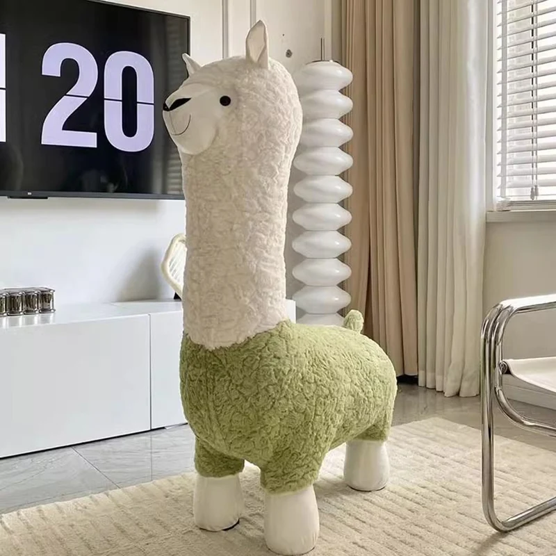 Contemporary Creative Cartoon Alpaca Sherpa Fabric Pine Wood Kids Low Stool Backless Armless For Living Room