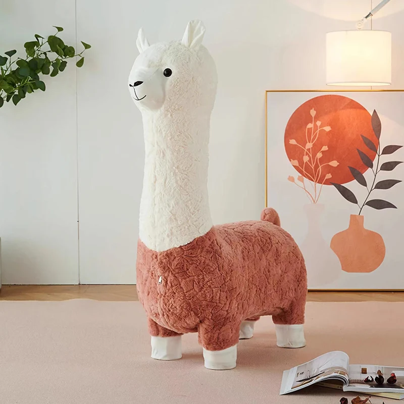 Contemporary Creative Cartoon Alpaca Sherpa Fabric Pine Wood Kids Low Stool Backless Armless For Living Room