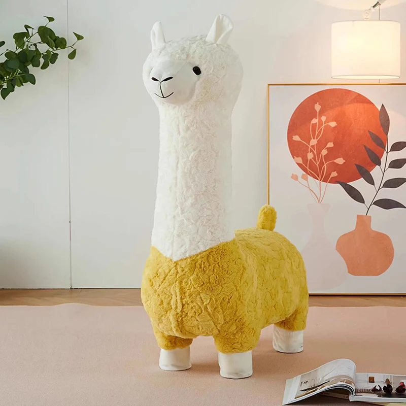 Contemporary Creative Cartoon Alpaca Sherpa Fabric Pine Wood Kids Low Stool Backless Armless For Living Room