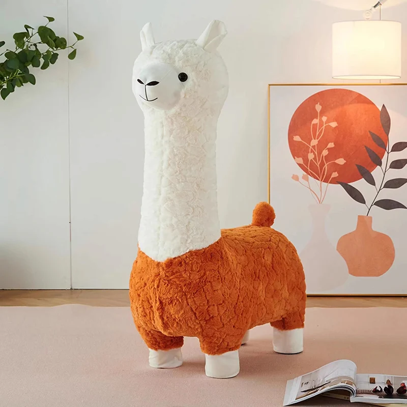 Contemporary Creative Cartoon Alpaca Sherpa Fabric Pine Wood Kids Low Stool Backless Armless For Living Room