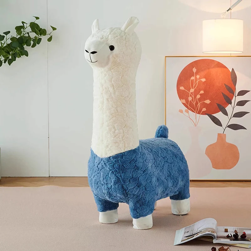 Contemporary Creative Cartoon Alpaca Sherpa Fabric Pine Wood Kids Low Stool Backless Armless For Living Room
