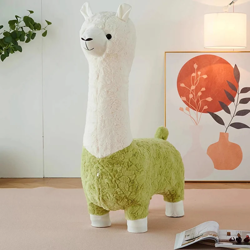 Contemporary Creative Cartoon Alpaca Sherpa Fabric Pine Wood Kids Low Stool Backless Armless For Living Room
