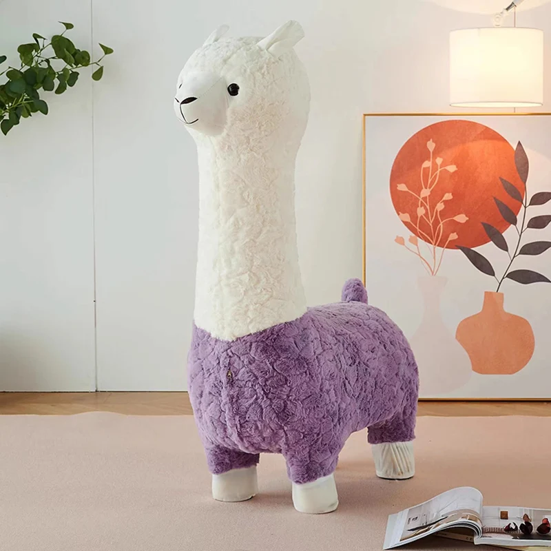 Contemporary Creative Cartoon Alpaca Sherpa Fabric Pine Wood Kids Low Stool Backless Armless For Living Room