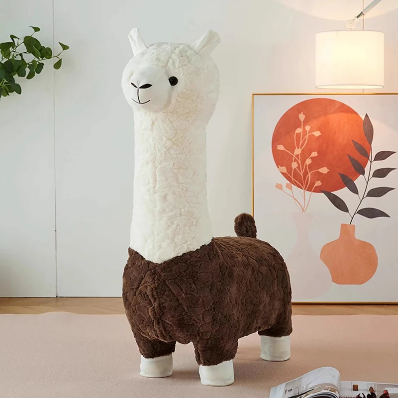 Contemporary Creative Cartoon Alpaca Sherpa Fabric Pine Wood Kids Low Stool Backless Armless For Living Room