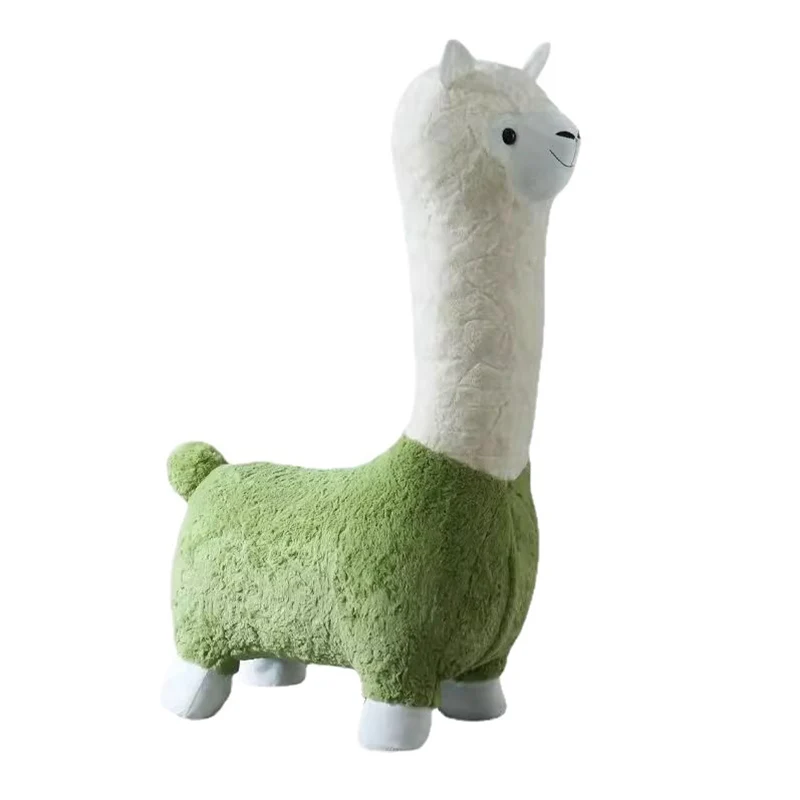 Contemporary Creative Cartoon Alpaca Sherpa Fabric Pine Wood Kids Low Stool Backless Armless For Living Room