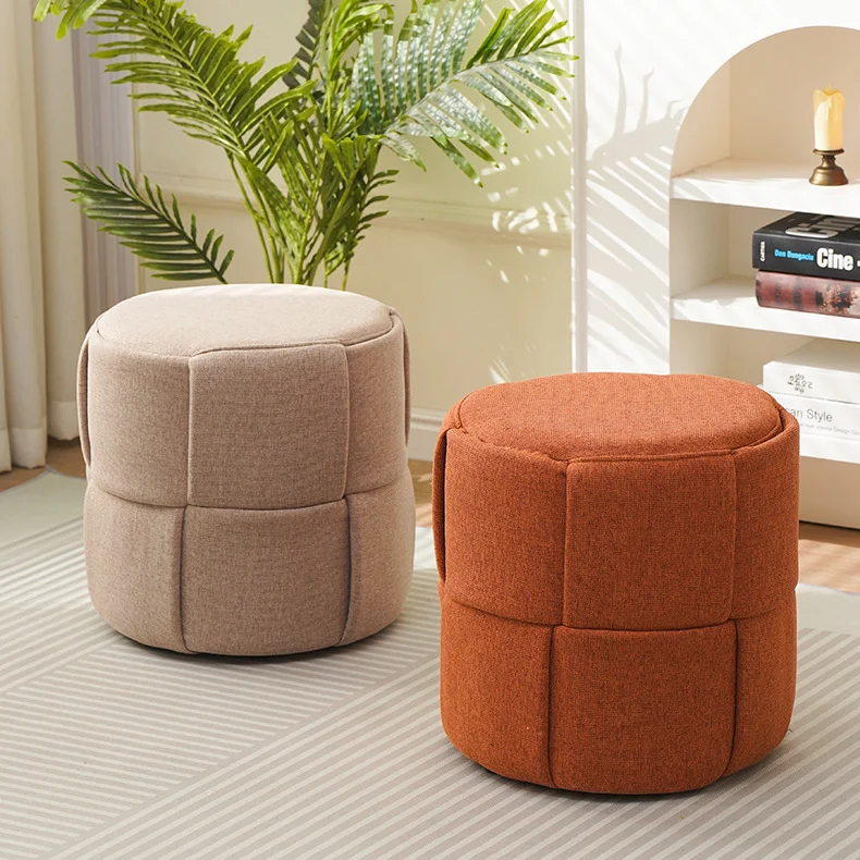Contemporary Nordic Cylinder Plywood Pine Wood Fabric Sponge Low Stool Backless Armless For Hallway