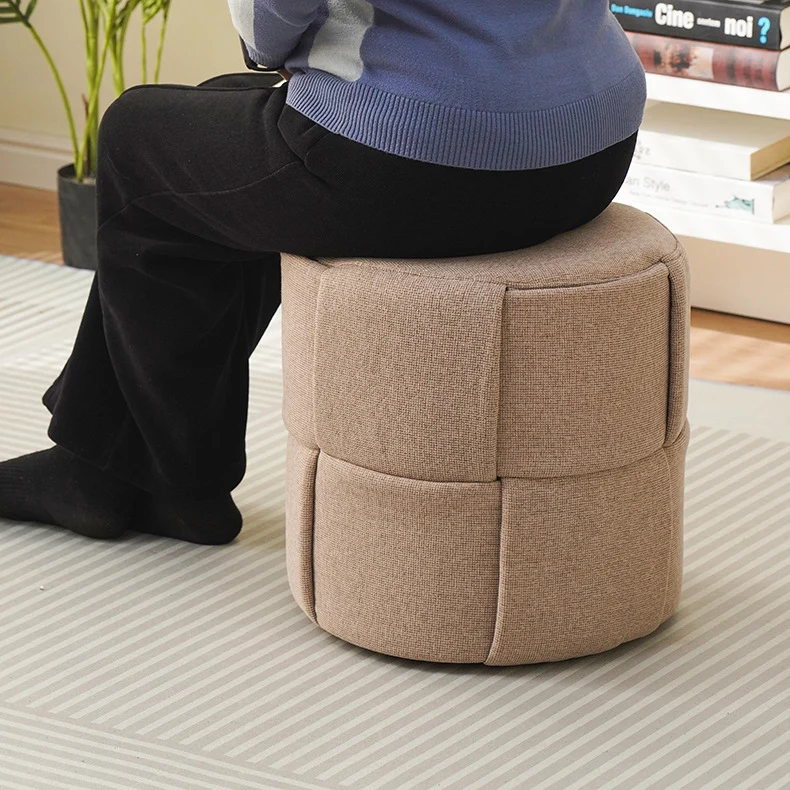 Contemporary Nordic Cylinder Plywood Pine Wood Fabric Sponge Low Stool Backless Armless For Hallway