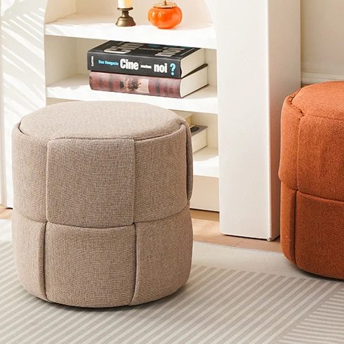 Contemporary Nordic Cylinder Plywood Pine Wood Fabric Sponge Low Stool Backless Armless For Hallway