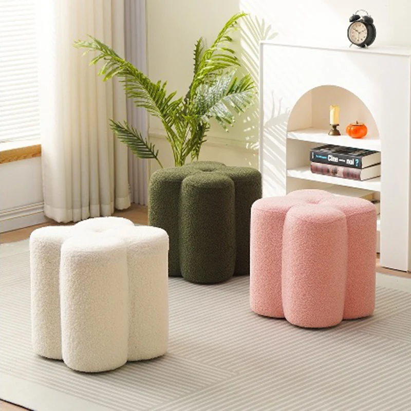 Traditional French Cylinder Petal Plywood Pine Wood Teddy Fleece Sponge Low Stool Backless Armless For Hallway