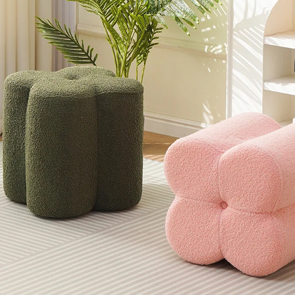 Traditional French Cylinder Petal Plywood Pine Wood Teddy Fleece Sponge Low Stool Backless Armless For Hallway