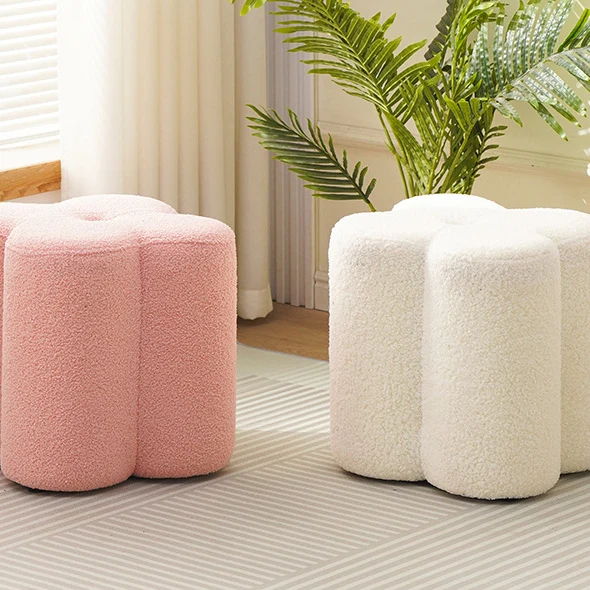 Traditional French Cylinder Petal Plywood Pine Wood Teddy Fleece Sponge Low Stool Backless Armless For Hallway