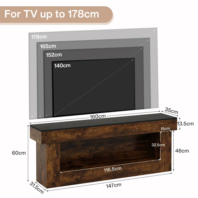 Meuble TV bas 160 cm avec espace de rangement, Meuble TV moderne pour téléviseurs de 60 à 70 pouces
